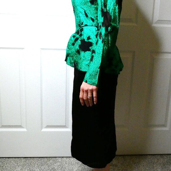 Black Green Dress Size 6 Vintage Midi 50s Shoulder Pads Metallic Sparkling Party - Picture 7 of 14